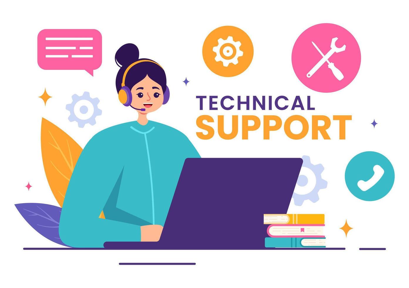 Illustration of a Technical Support System featuring Software Development, Customer Service and Technology Help in a Flat Cartoon Background vector