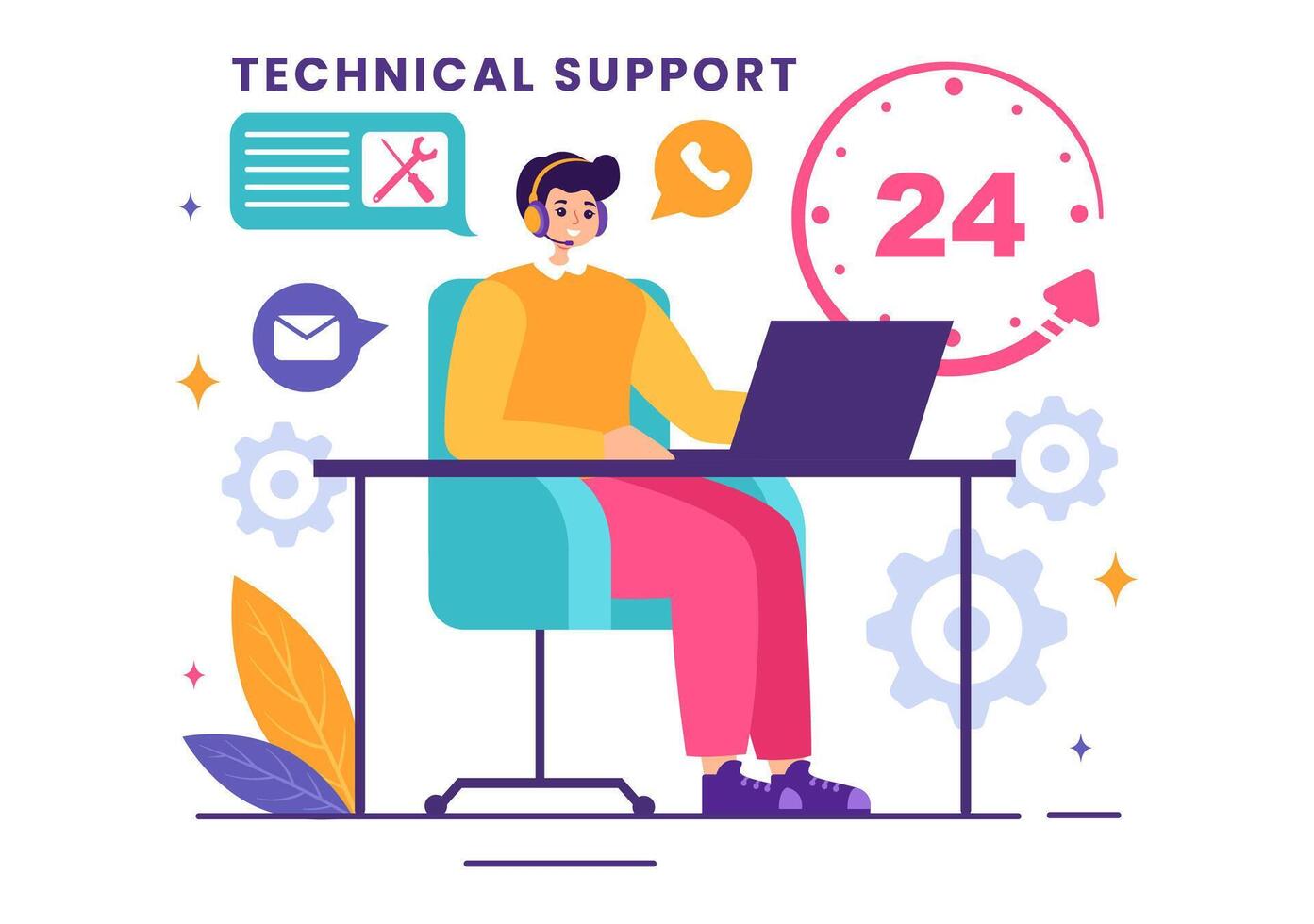 Illustration of a Technical Support System featuring Software Development, Customer Service and Technology Help in a Flat Cartoon Background vector