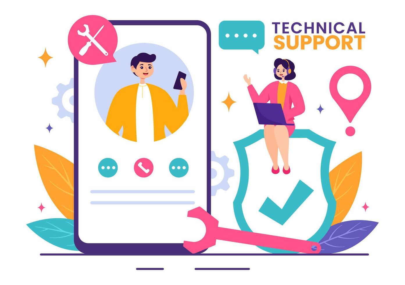 Illustration of a Technical Support System featuring Software Development, Customer Service and Technology Help in a Flat Cartoon Background vector