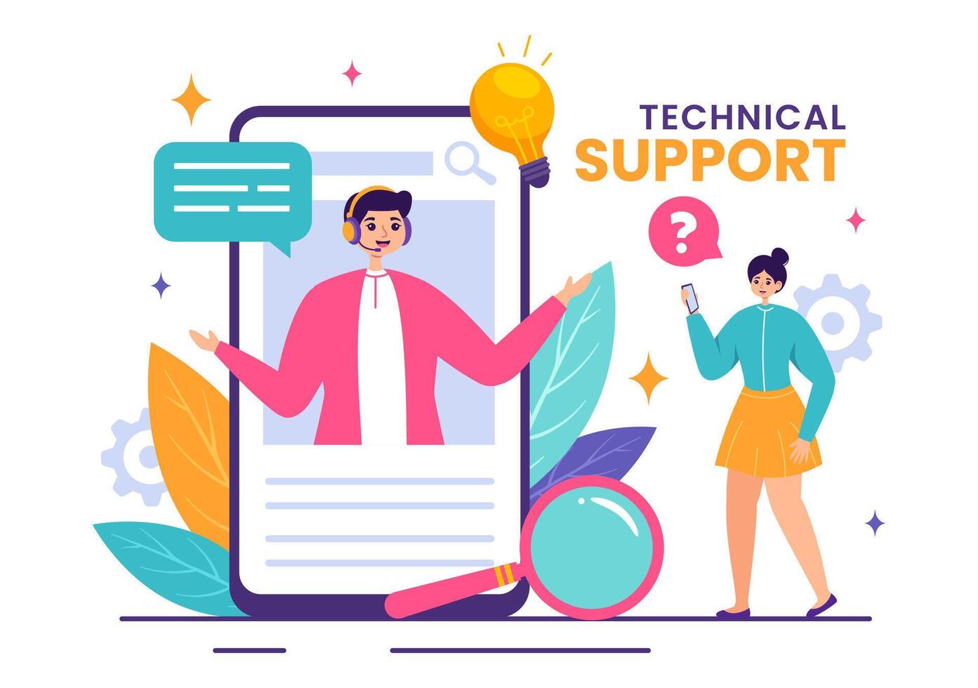 Illustration of a Technical Support System featuring Software Development, Customer Service and Technology Help in a Flat Cartoon Background vector