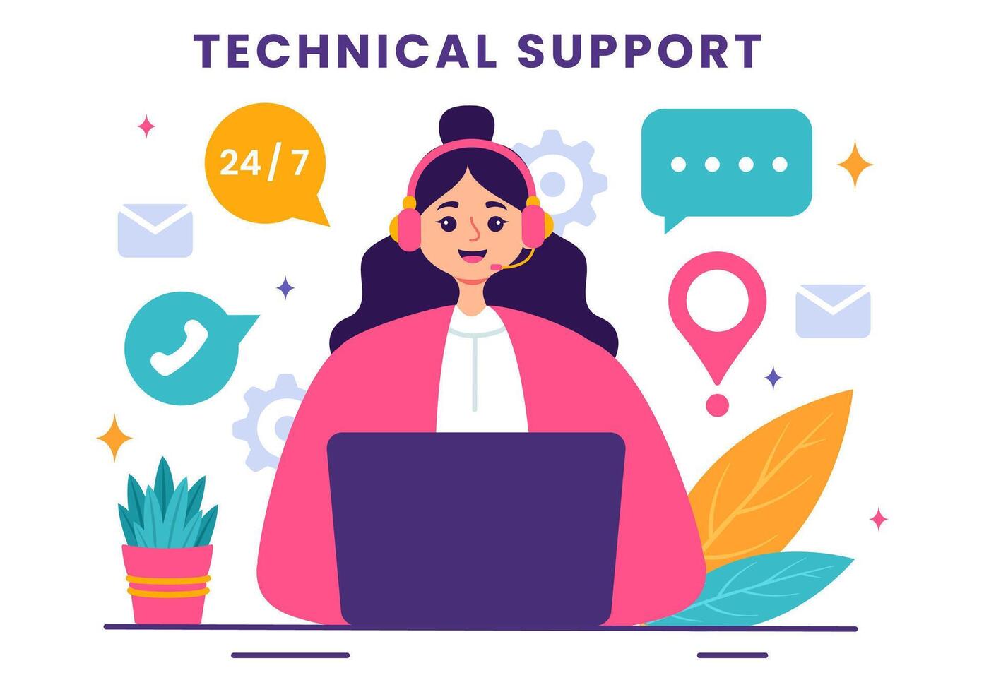 ilustración de un técnico apoyo sistema presentando software desarrollo, cliente Servicio y tecnología ayuda en un plano dibujos animados antecedentes vector