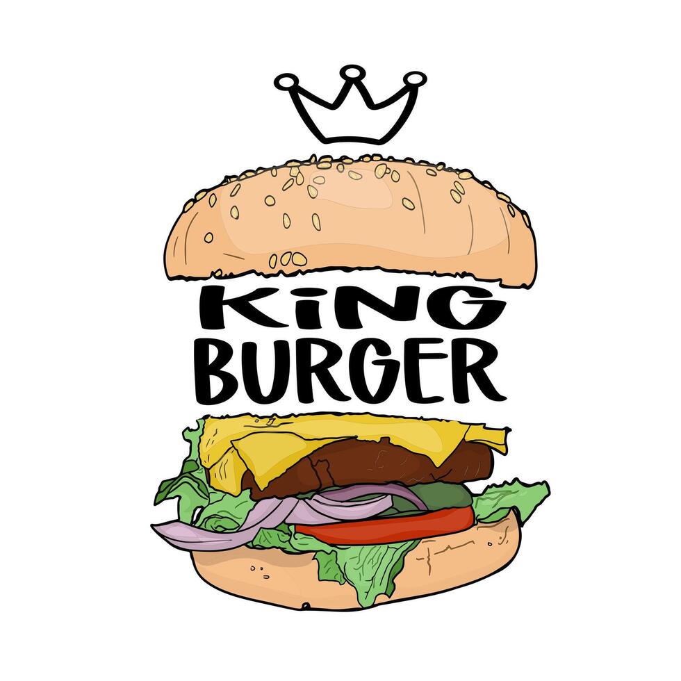 illustration of a burger with an inscription. Burger time. King burger. For printing on prints, designer blanks, t-shirts, wrapping paper. wallpaper vector