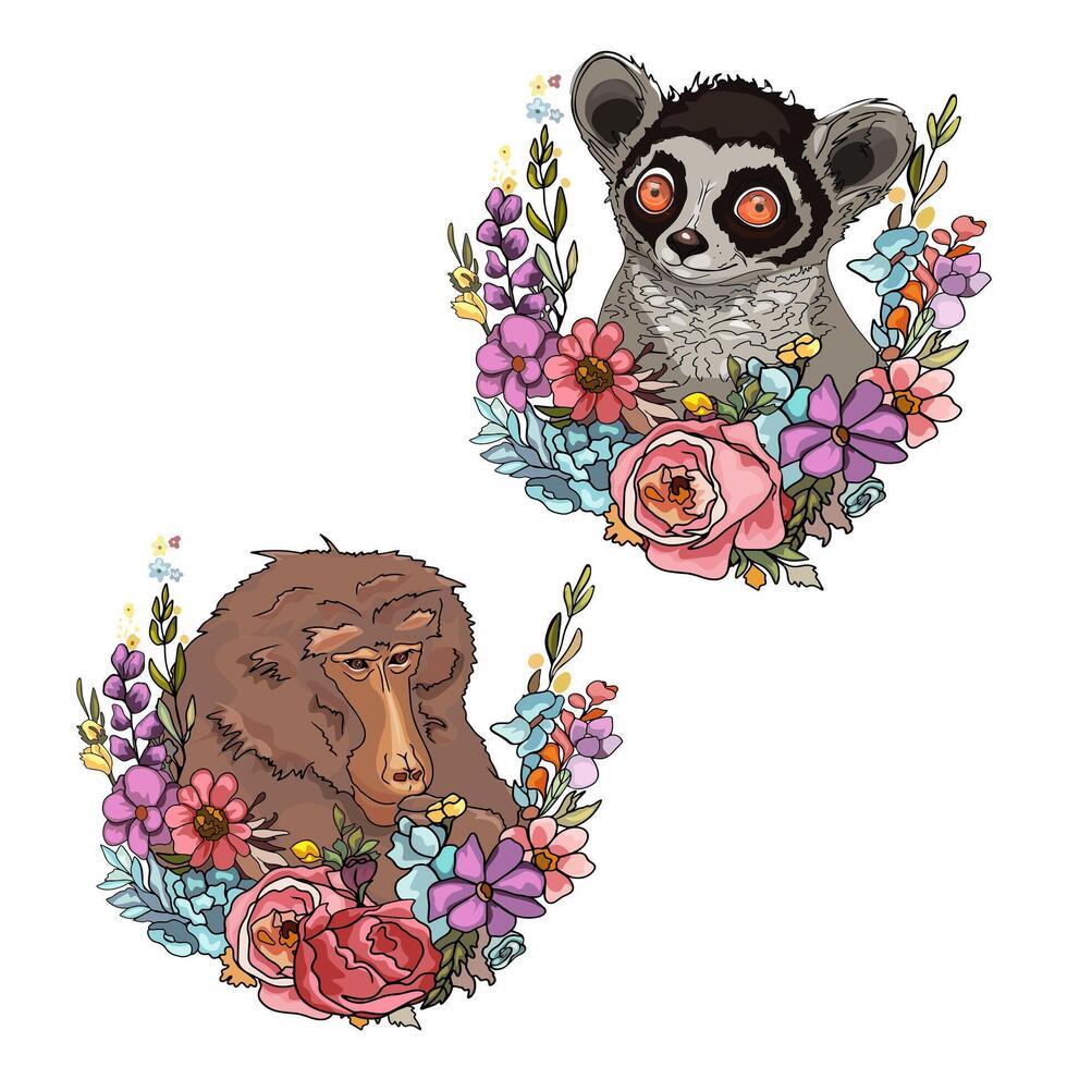 illustration of a monkey in flowers, a lemur in flowers. For printing on prints, designer blanks, T-shirts, wrapping paper, wallpaper vector