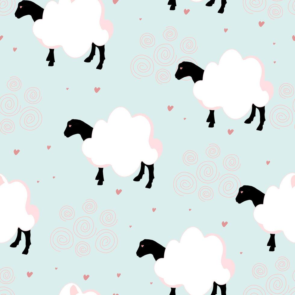 Cute pattern with sheep and lambs. Tender red hearts in a seamless illustration vector