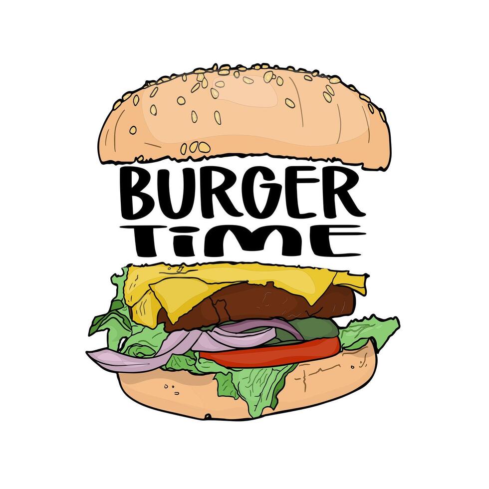 illustration of a burger with an inscription. Burger time. King burger. For printing on prints, designer blanks, t-shirts, wrapping paper. wallpaper vector