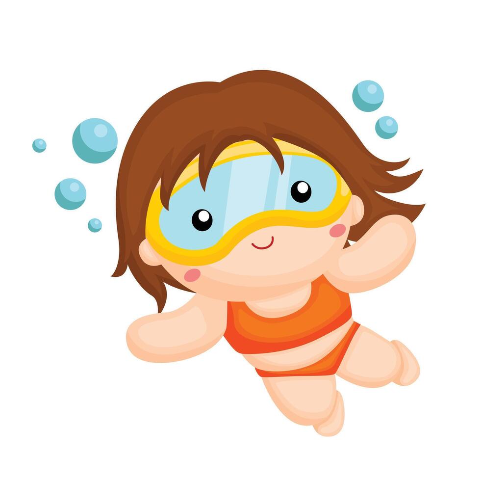 Happy Kids Beach Holiday Time Swimming Summer Cartoon Illustration Clipart Sticker vector