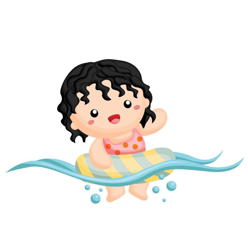 Happy Kids Beach Holiday Time Swimming Summer Cartoon Illustration Clipart Sticker vector