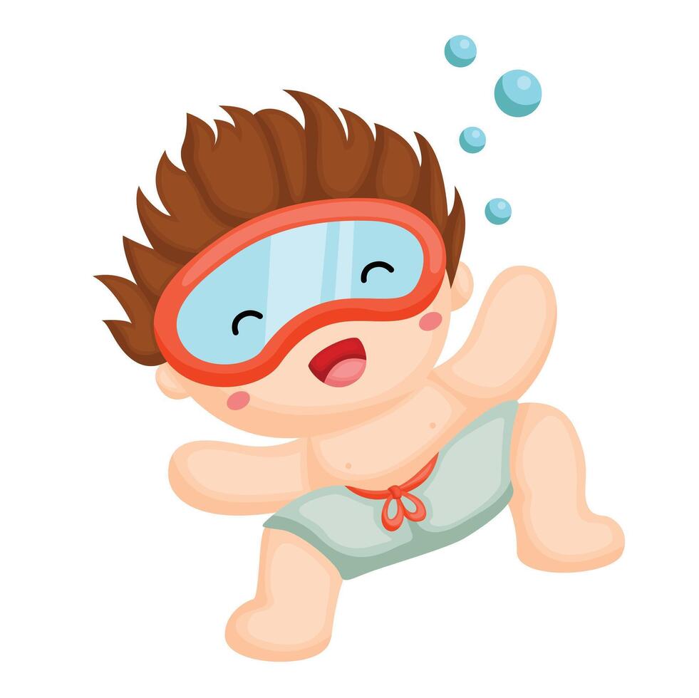 Happy Kids Beach Holiday Time Swimming Summer Cartoon Illustration Clipart Sticker vector
