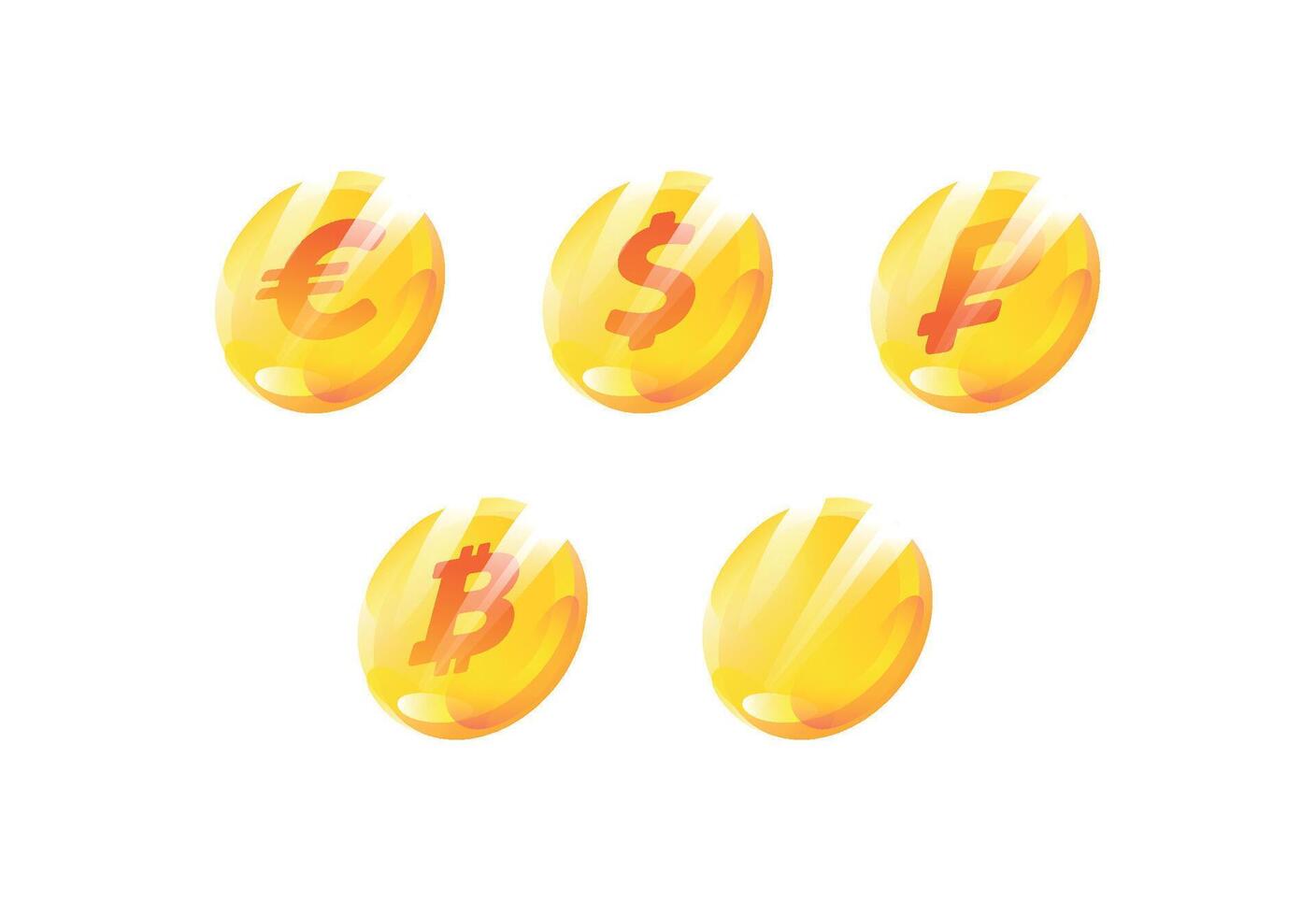 A set of coins with the image of currency signs. Dollar, euro, ruble, bitcoin. Gradient flat icons. Yellow coins. Modern fashion logos. Icon isolated on white background. vector