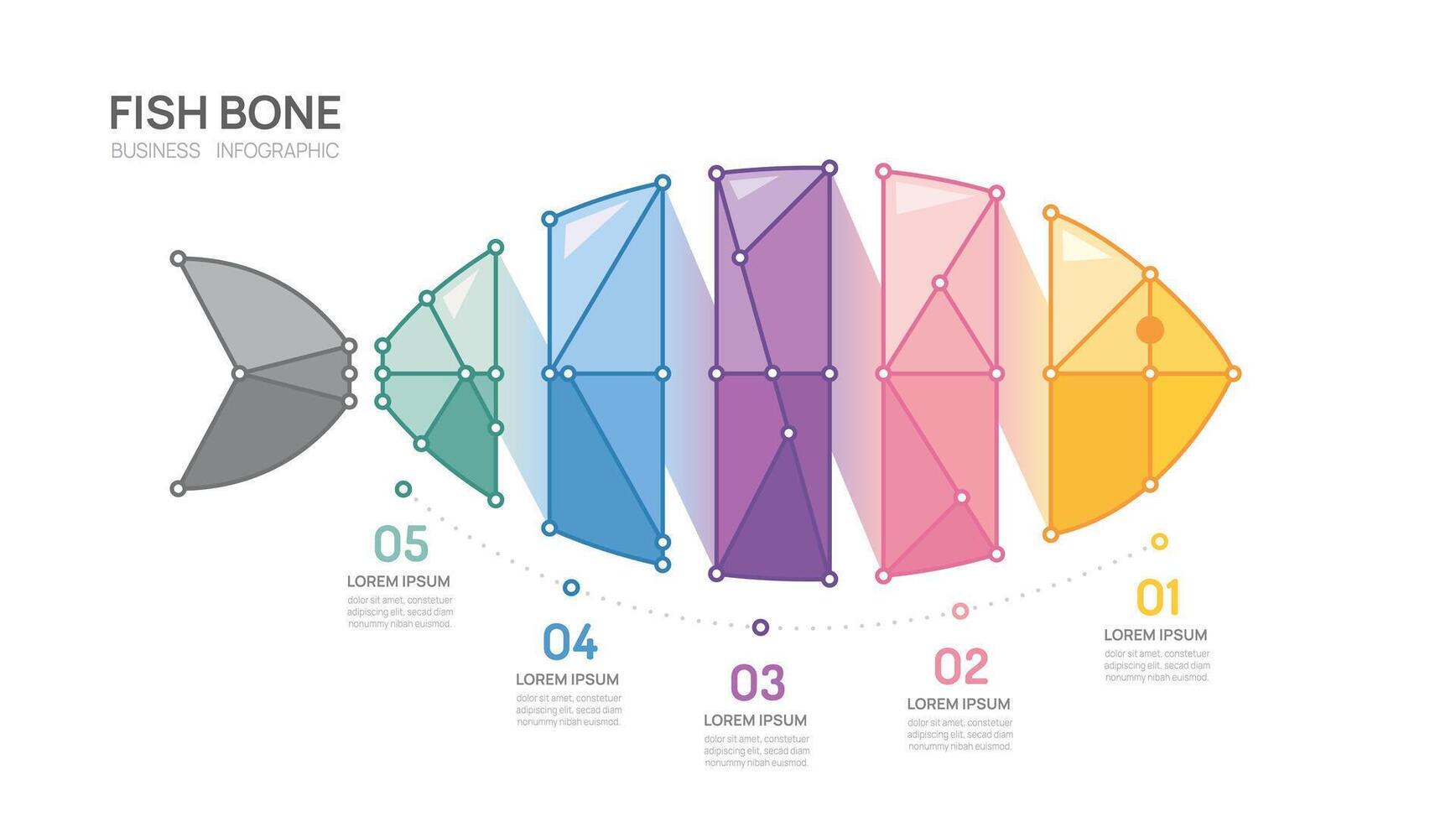 Infographic geometric fish bone diagram template for business. 5 step, presentation infographics. vector