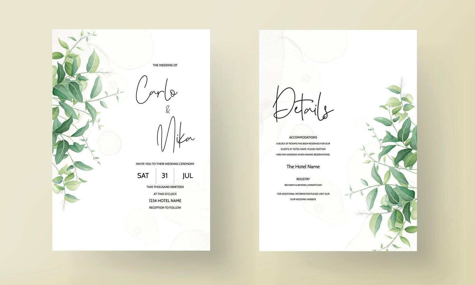 wedding invitation for a wedding with green leaves and flowers vector