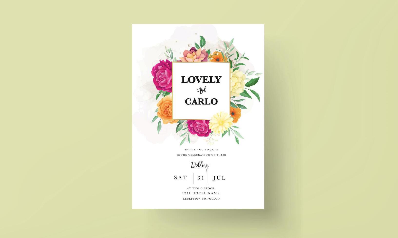 wedding invitation with beautiful colorful flowers vector