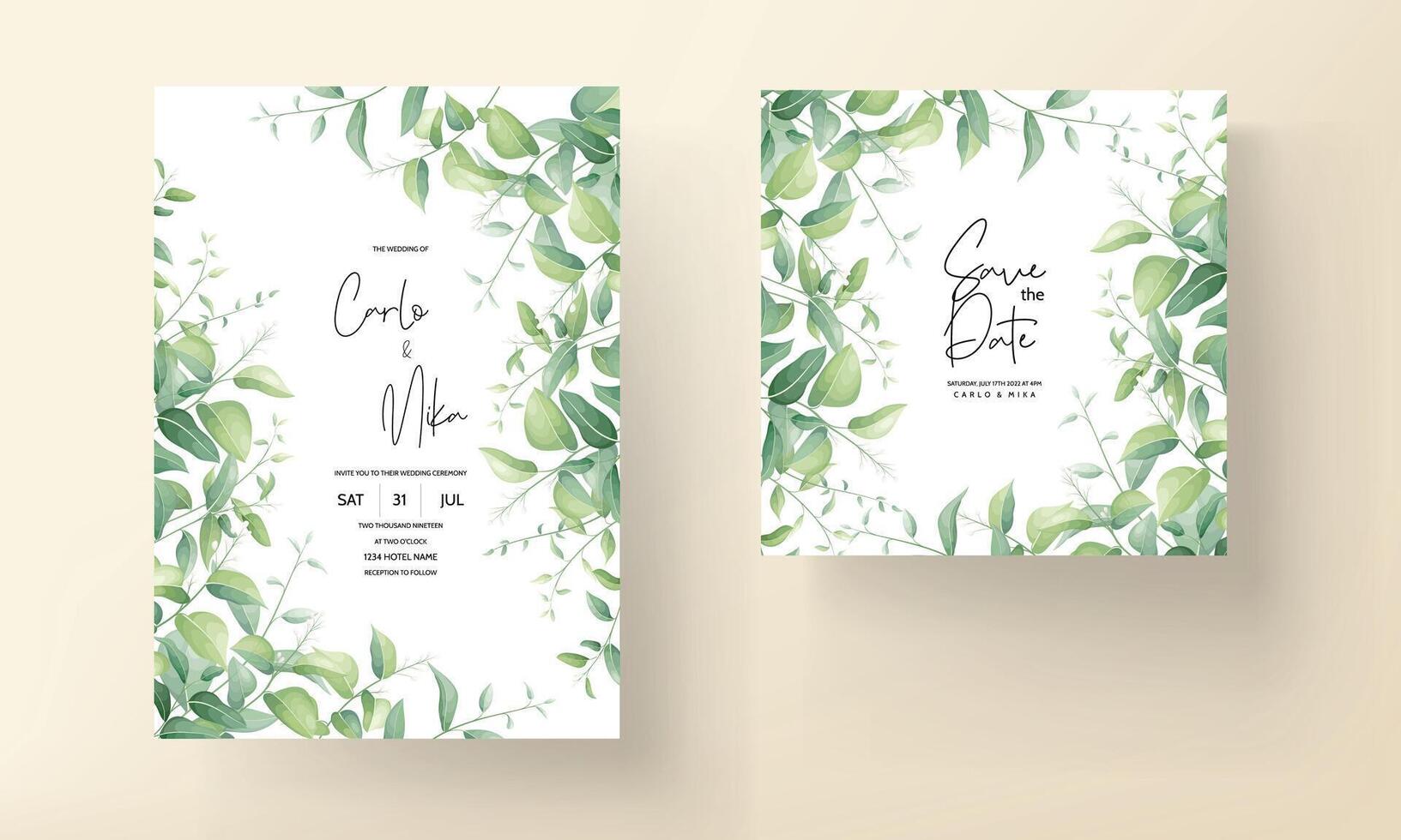 wedding invitation for a wedding with green leaves and flowers vector