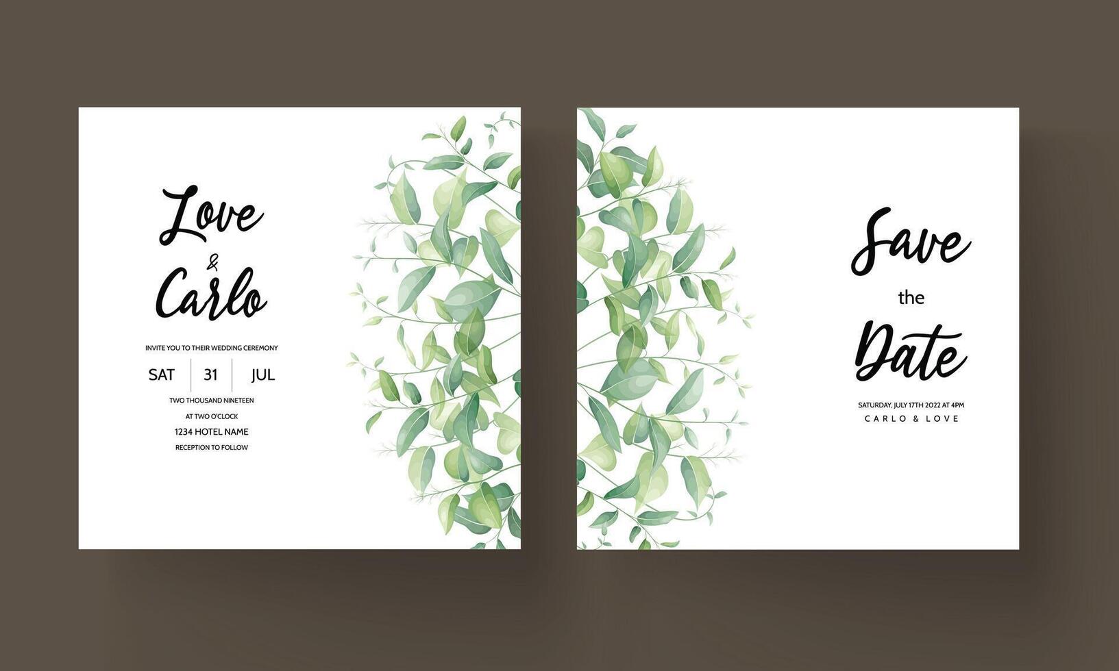 wedding invitation for a wedding with green leaves and flowers vector