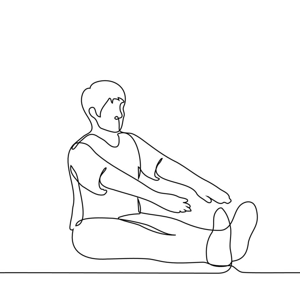 man sits on the floor with his legs and arms stretched forward - one line art . concept man doing stretching vector