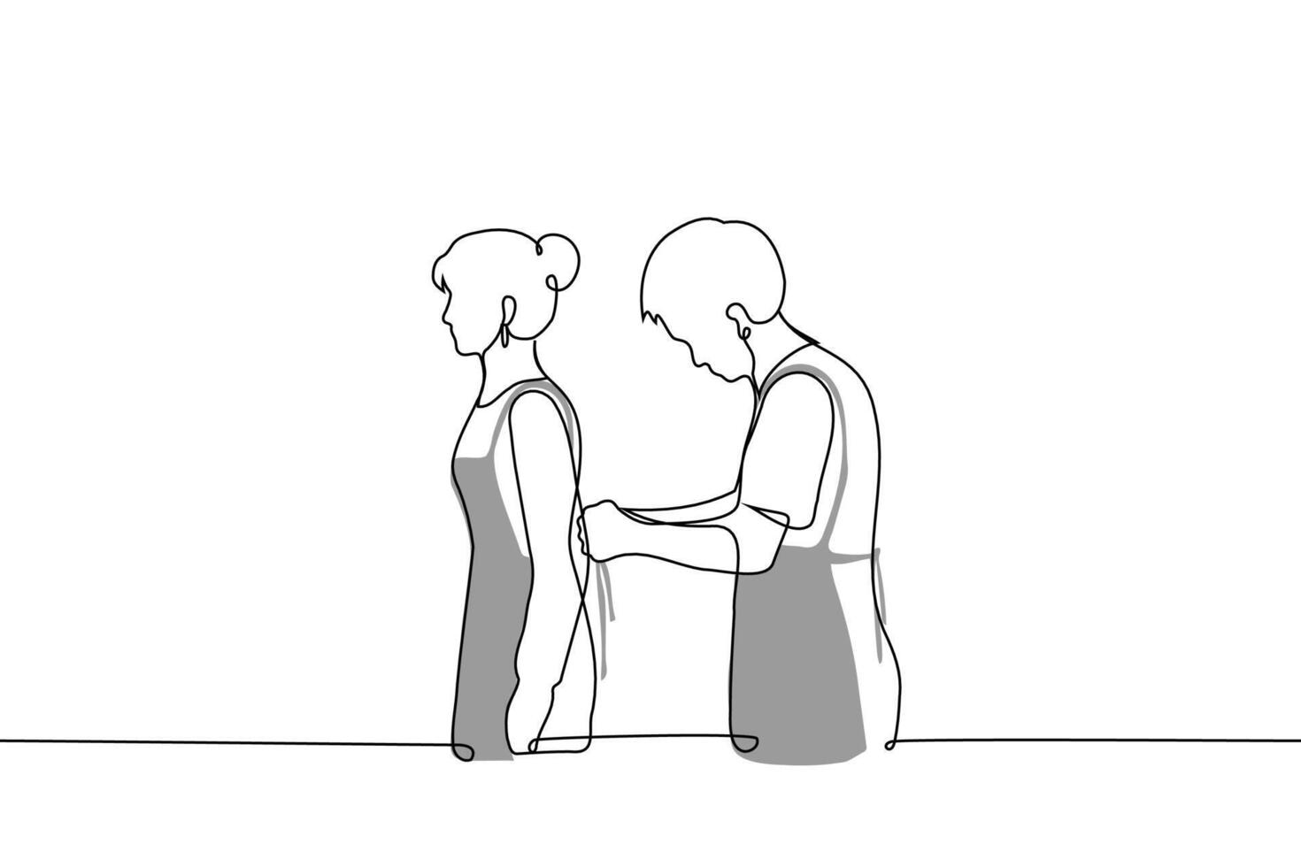 man helping woman with tying an apron - one line art . concept men are going to cook, handmade master class vector