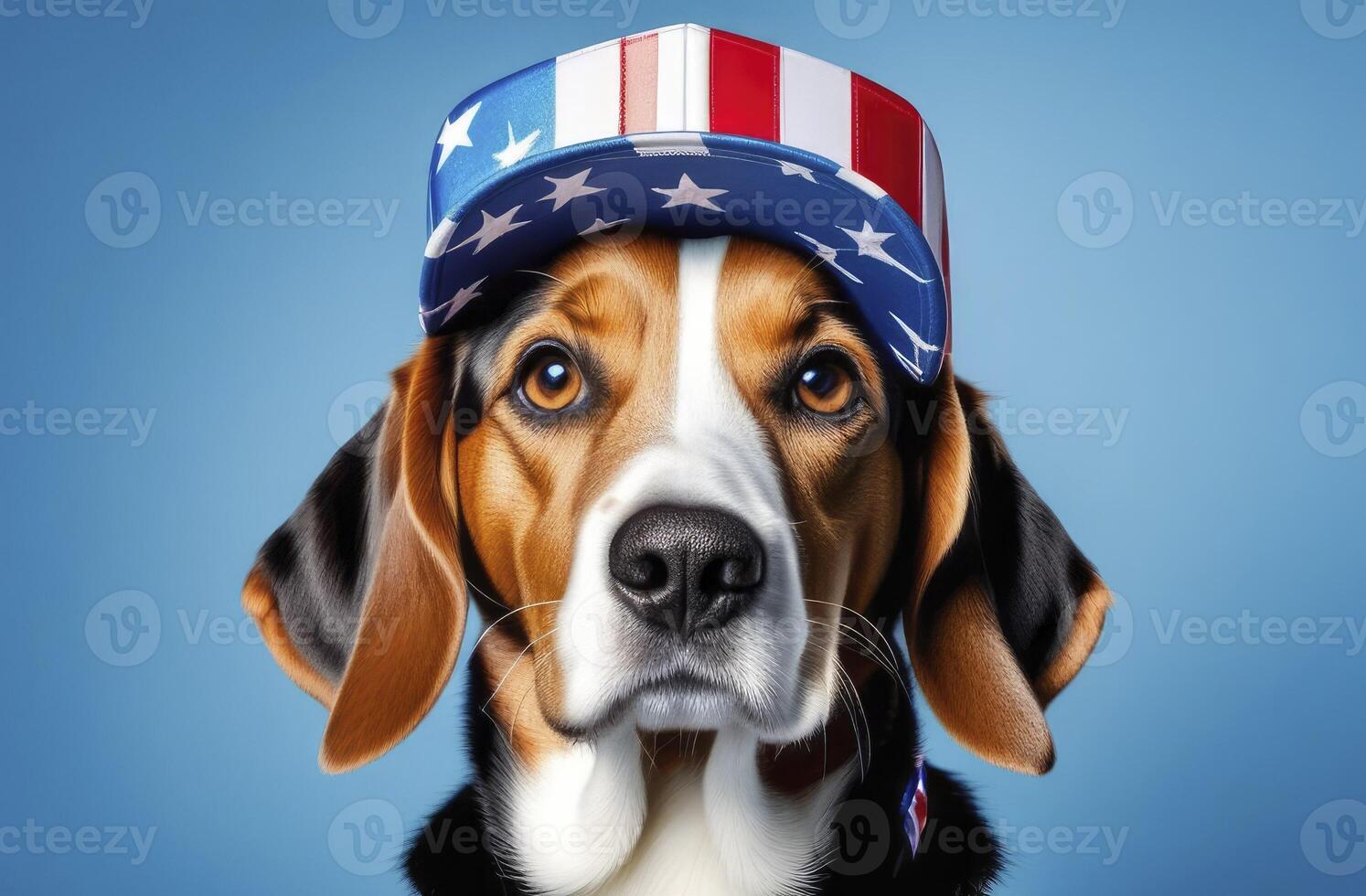 Patriotic American pet dog wearing hat colors of American flag blue background. 4th of July American Independence Day. photo