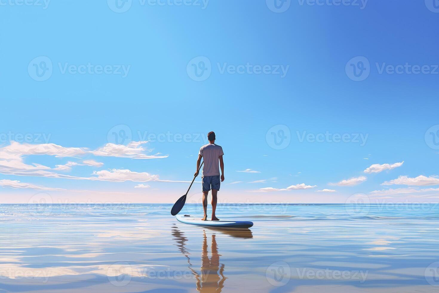 Portrait of beautiful man swimming on sup board. Stand up paddle boarding outdoor active recreation photo