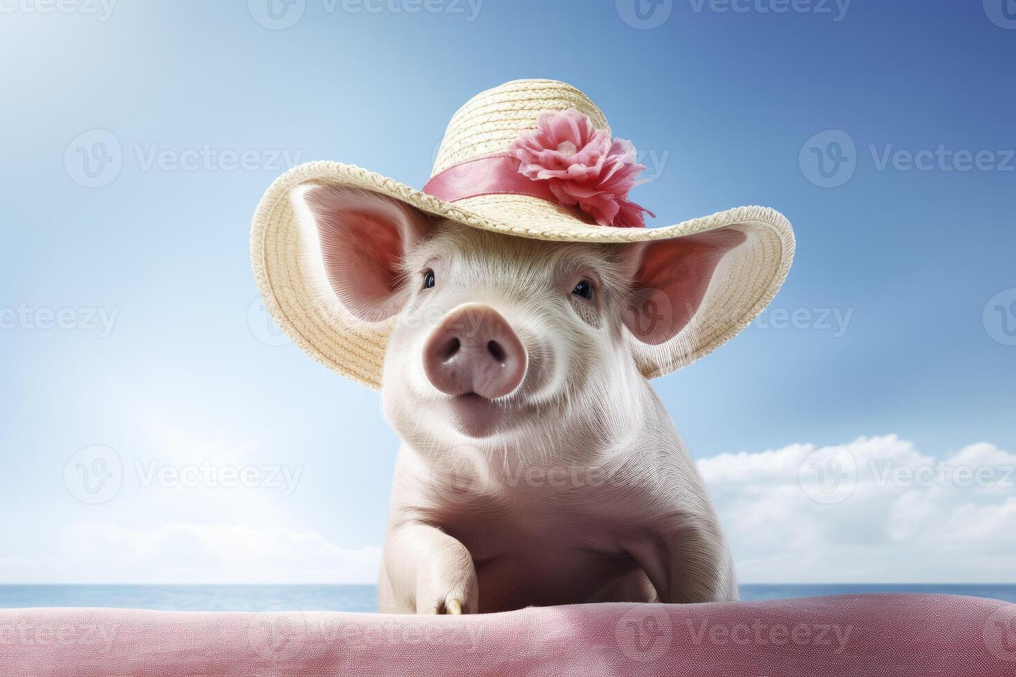 Summer card with happy cute pig piglet in summer straw hat on a beach . Holidays, summer and celebration concept photo