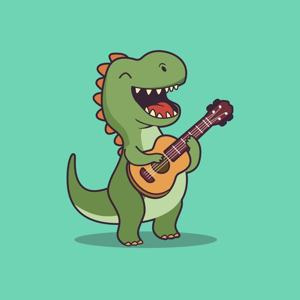 Cute dinosaur playing guitar and singing cartoon illustration vector