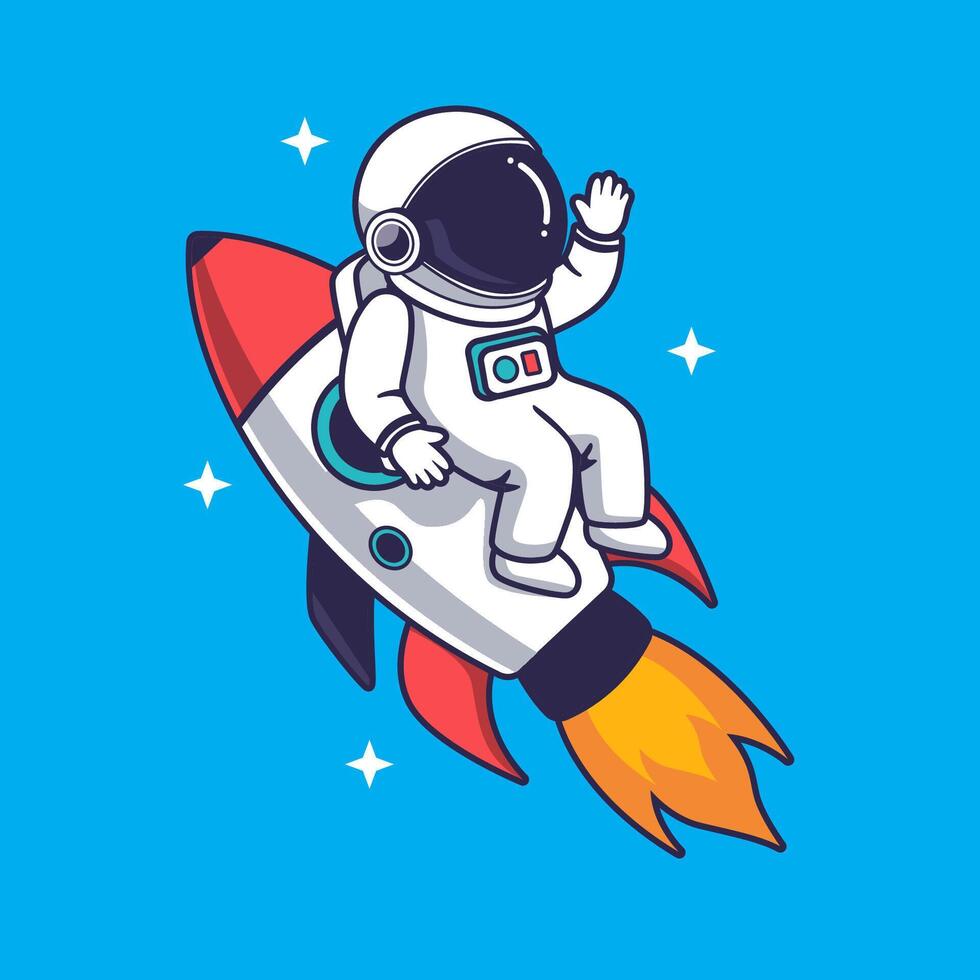 Astronaut sitting while waving hand on rocket cartoon illustration vector