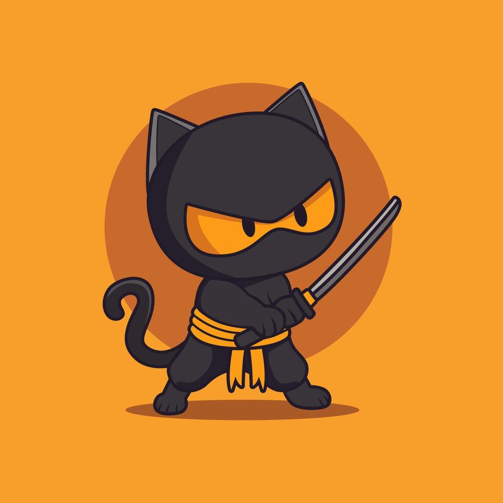 Cute ninja cat while holding sword cartoon illustration vector