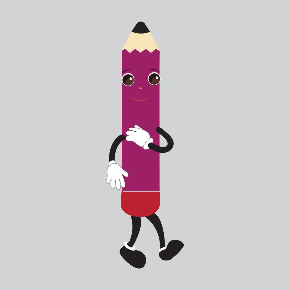 Hand drawn cute illustration school pencil character with smiling face. Flat icon college stationery with rubber in colored doodle style. Education or study sticker, icon. Back to school. Isolated. vector