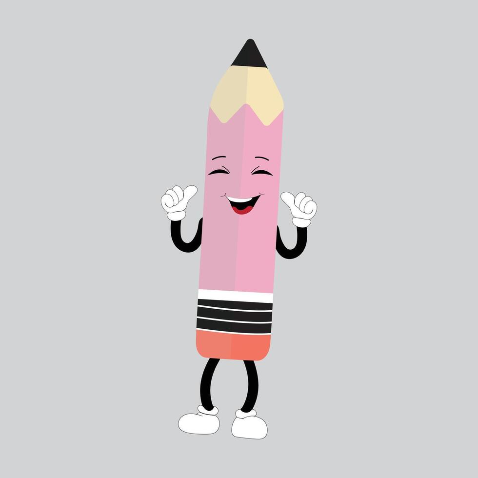 Hand drawn cute illustration school pencil character with smiling face. Flat icon college stationery with rubber in colored doodle style. Education or study sticker, icon. Back to school. Isolated. vector