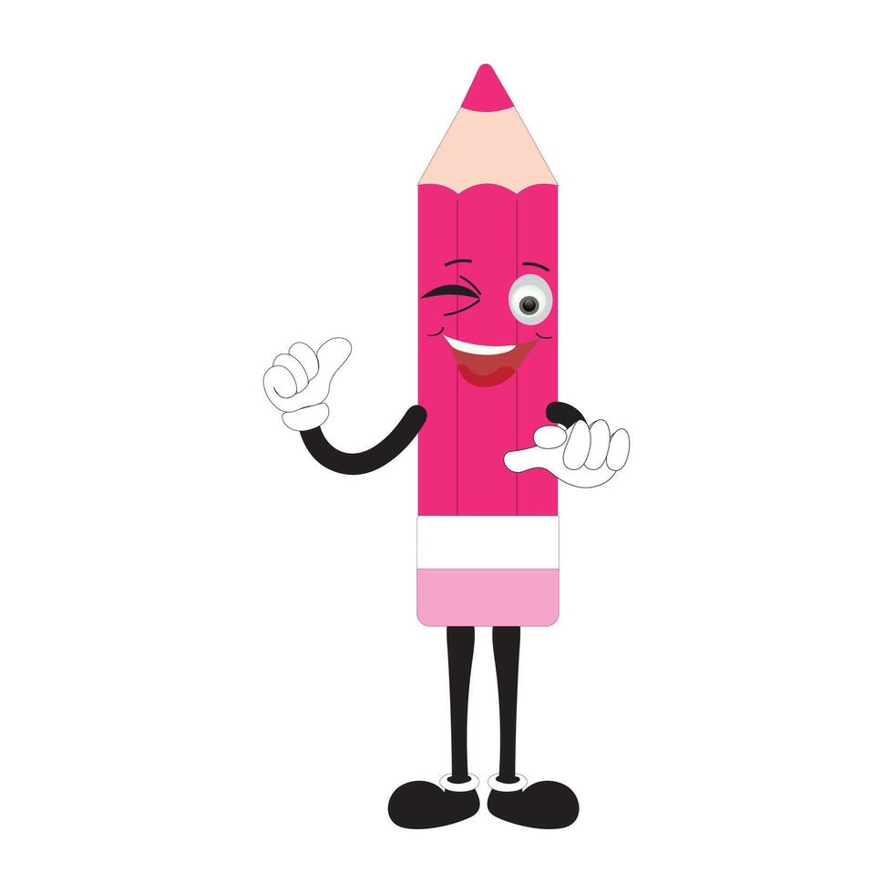 Hand drawn cute illustration school pencil character with smiling face. Flat icon college stationery with rubber in colored doodle style. Education or study sticker, icon. Back to school. Isolated. vector