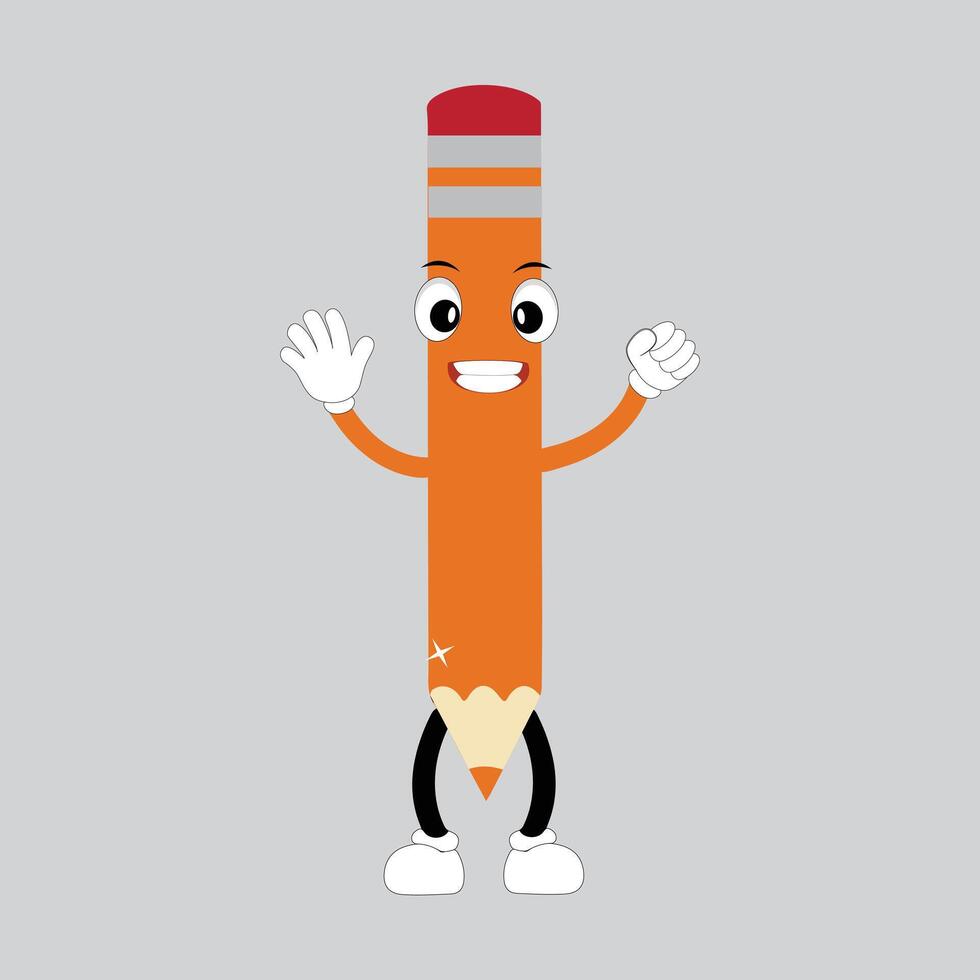 Hand drawn cute illustration school pencil character with smiling face. Flat icon college stationery with rubber in colored doodle style. Education or study sticker, icon. Back to school. Isolated. vector