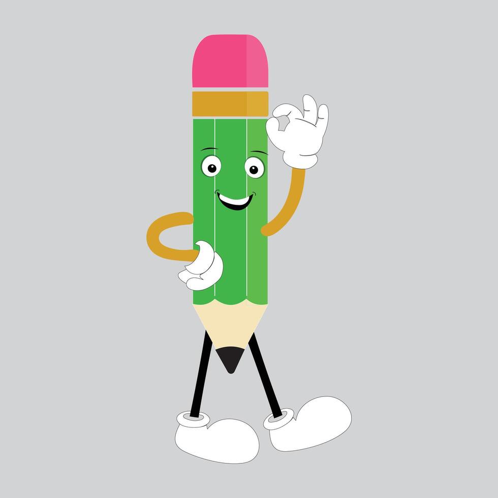 Hand drawn cute illustration school pencil character with smiling face. Flat icon college stationery with rubber in colored doodle style. Education or study sticker, icon. Back to school. Isolated. vector