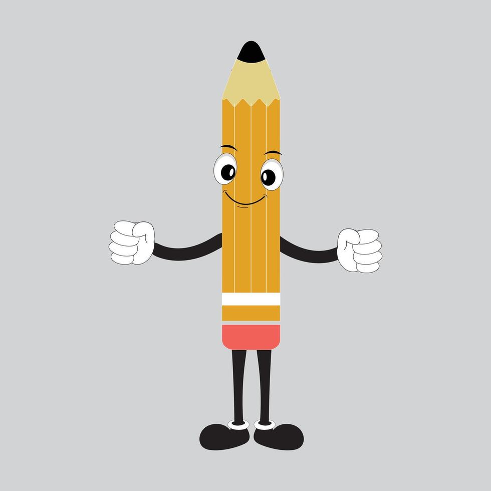 Hand drawn cute illustration school pencil character with smiling face. Flat icon college stationery with rubber in colored doodle style. Education or study sticker, icon. Back to school. Isolated. vector