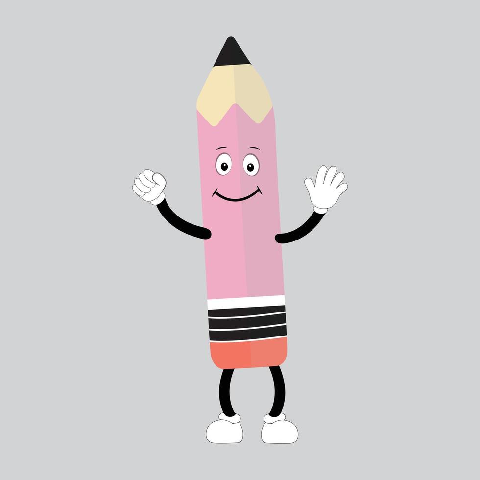 Hand drawn cute illustration school pencil character with smiling face. Flat icon college stationery with rubber in colored doodle style. Education or study sticker, icon. Back to school. Isolated. vector