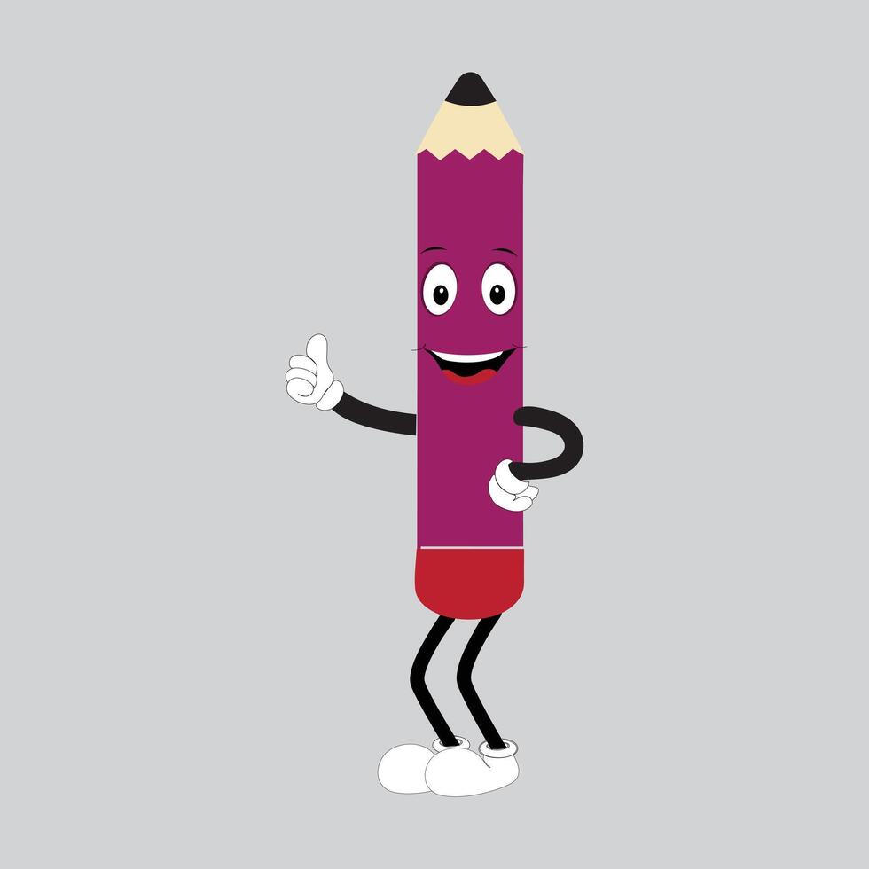 Hand drawn cute illustration school pencil character with smiling face. Flat icon college stationery with rubber in colored doodle style. Education or study sticker, icon. Back to school. Isolated. vector