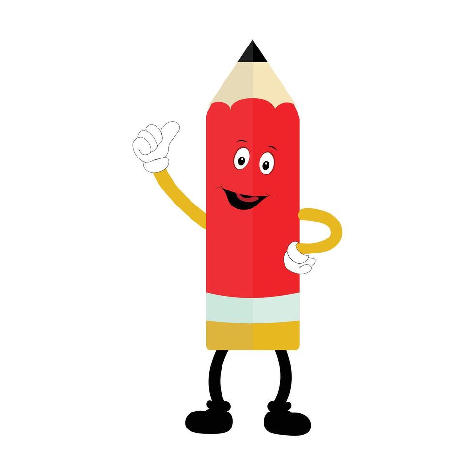 Hand drawn cute illustration school pencil character with smiling face. Flat icon college stationery with rubber in colored doodle style. Education or study sticker, icon. Back to school. Isolated. vector
