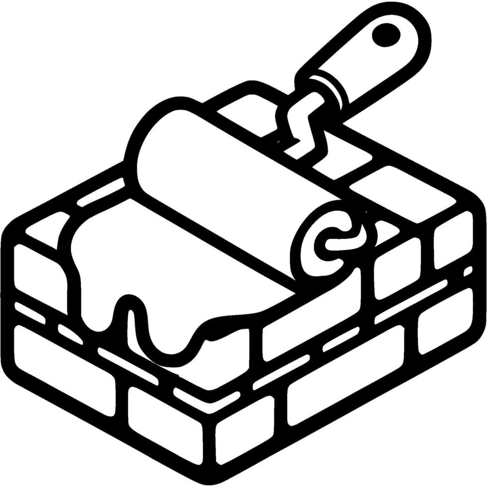 Construction roller smoothes putty mortar over brick wall in monochrome. Construction tool for applying putty. Simple minimalistic in black ink drawing on white background vector
