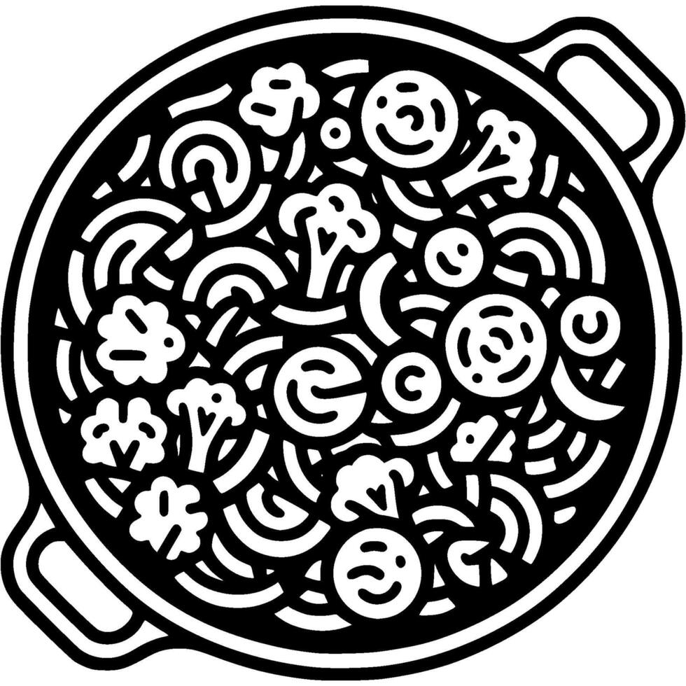 Chopped vegetables stewed in frying pan, top view in monochrome. Simple minimalistic in black ink drawing on white background vector