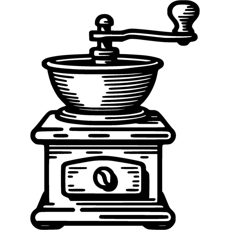 Classic coffee grinder with handle front view in monochrome. Simple minimalistic in black ink drawing on white background vector