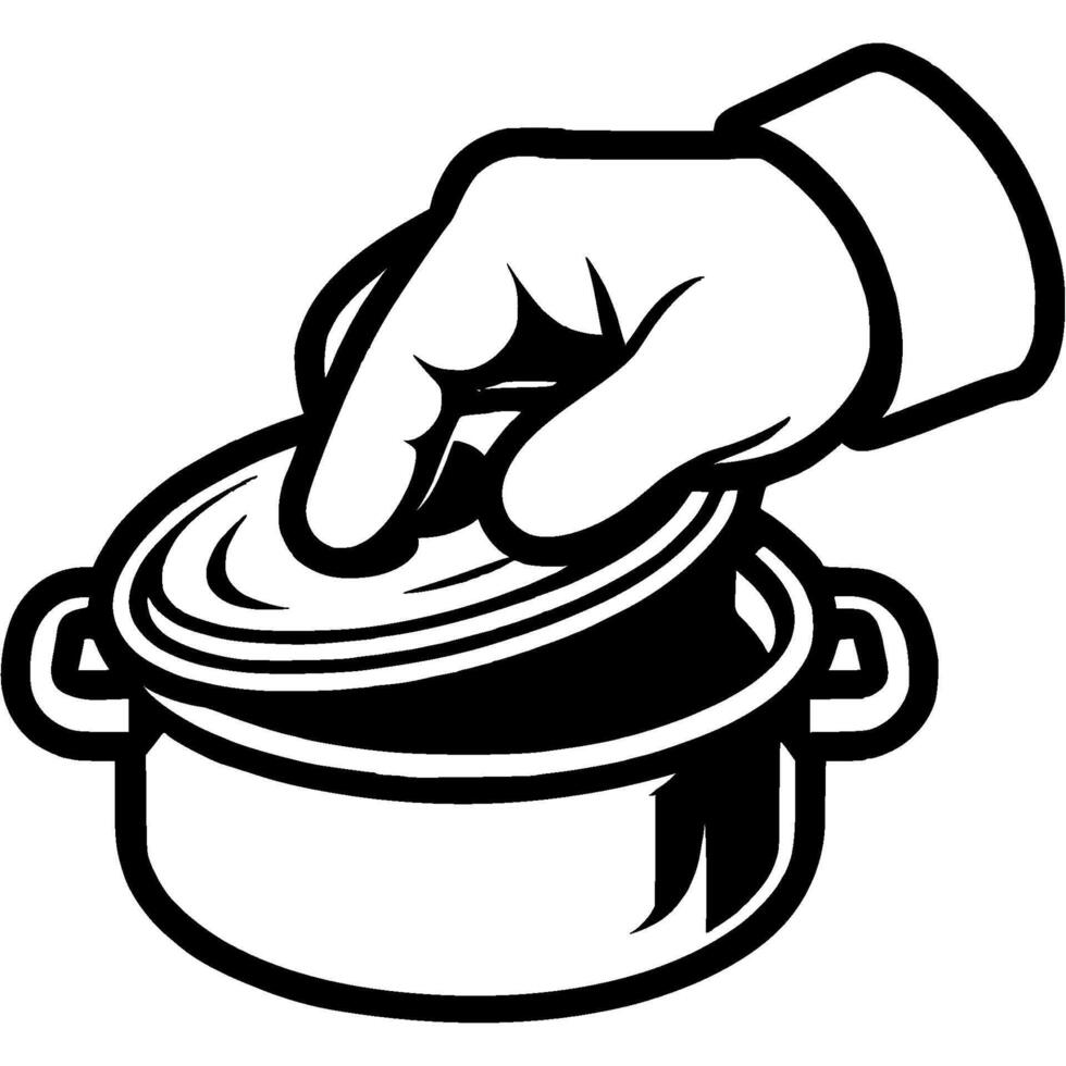 Cook hand lifts lid over pan in monochrome. Simple minimalistic in black ink drawing on white background vector