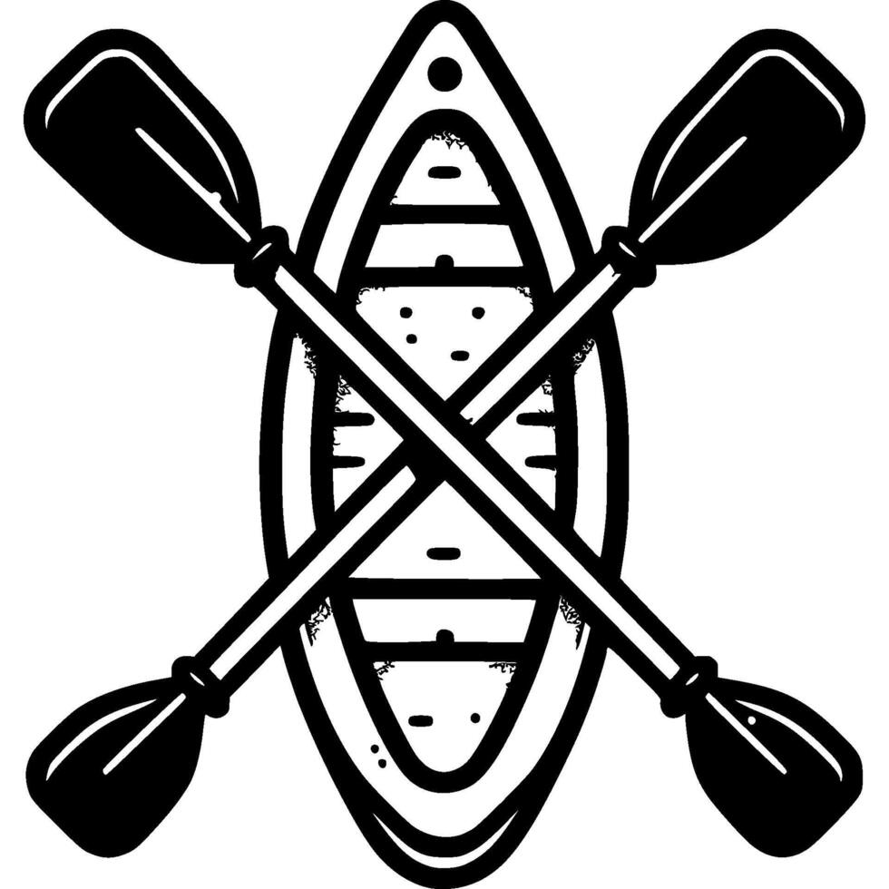 Kayak boat with rubber oars in monochrome. Equipment for active recreation. Simple minimalistic in black ink drawing on white background vector