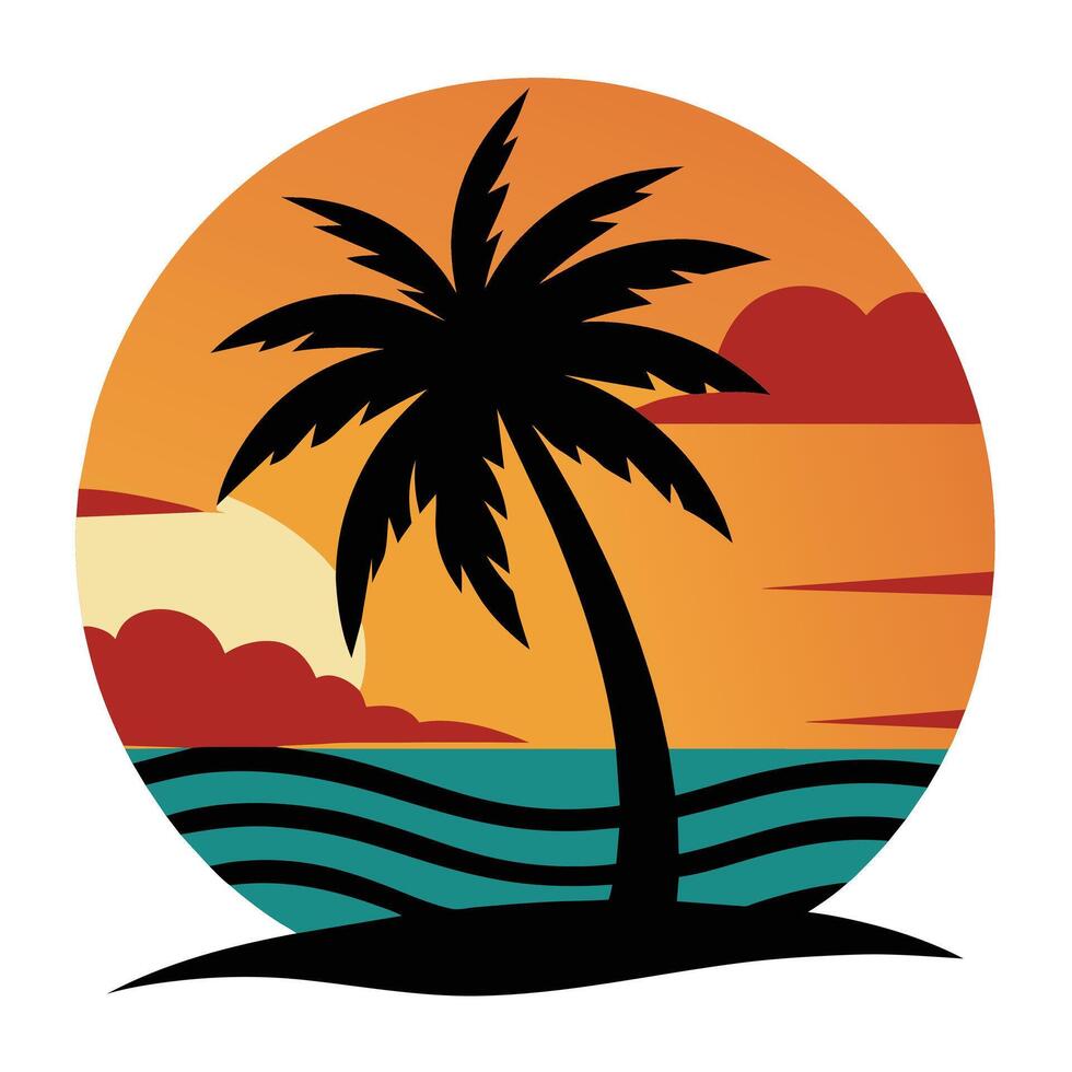 Summer sunset tropical beach line art illustration, hand drawn sunset and sunrise outline landscape tropical beach, palm tree with sunset waves Nature vector