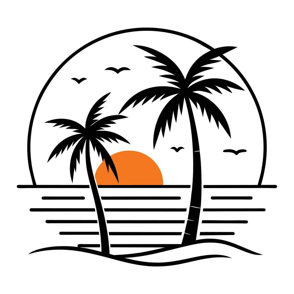 Summer sunset tropical beach line art illustration, hand drawn sunset and sunrise outline landscape tropical beach, palm tree with sunset waves Nature vector