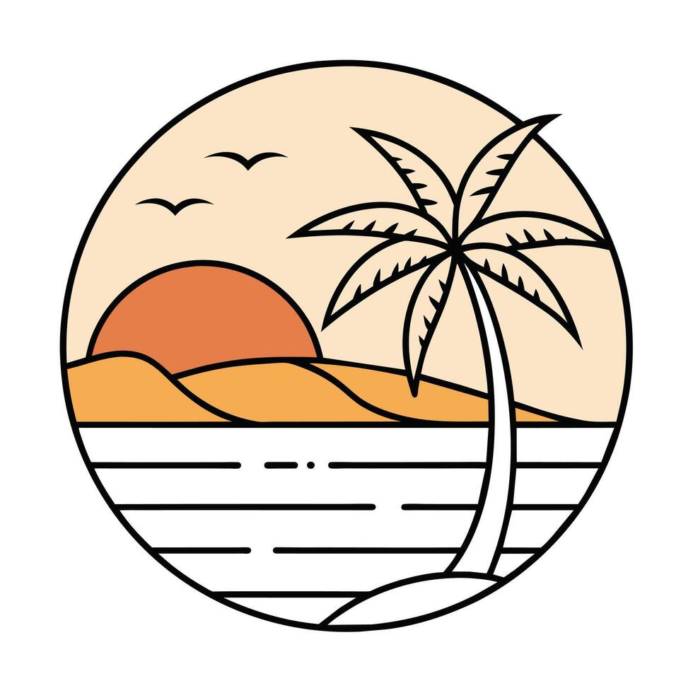 Summer sunset tropical beach line art illustration, hand drawn sunset and sunrise outline landscape tropical beach, palm tree with sunset waves Nature vector