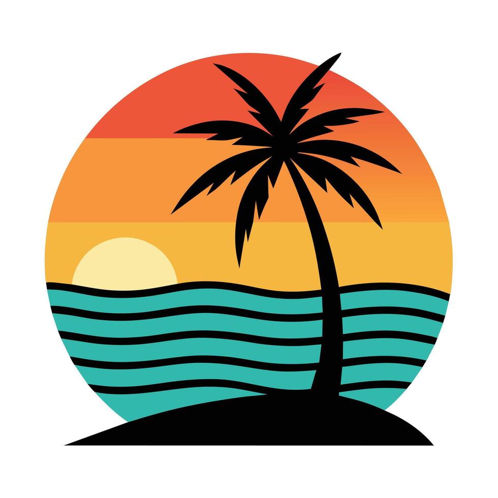 Summer sunset tropical beach line art illustration, hand drawn sunset and sunrise outline landscape tropical beach, palm tree with sunset waves Nature vector