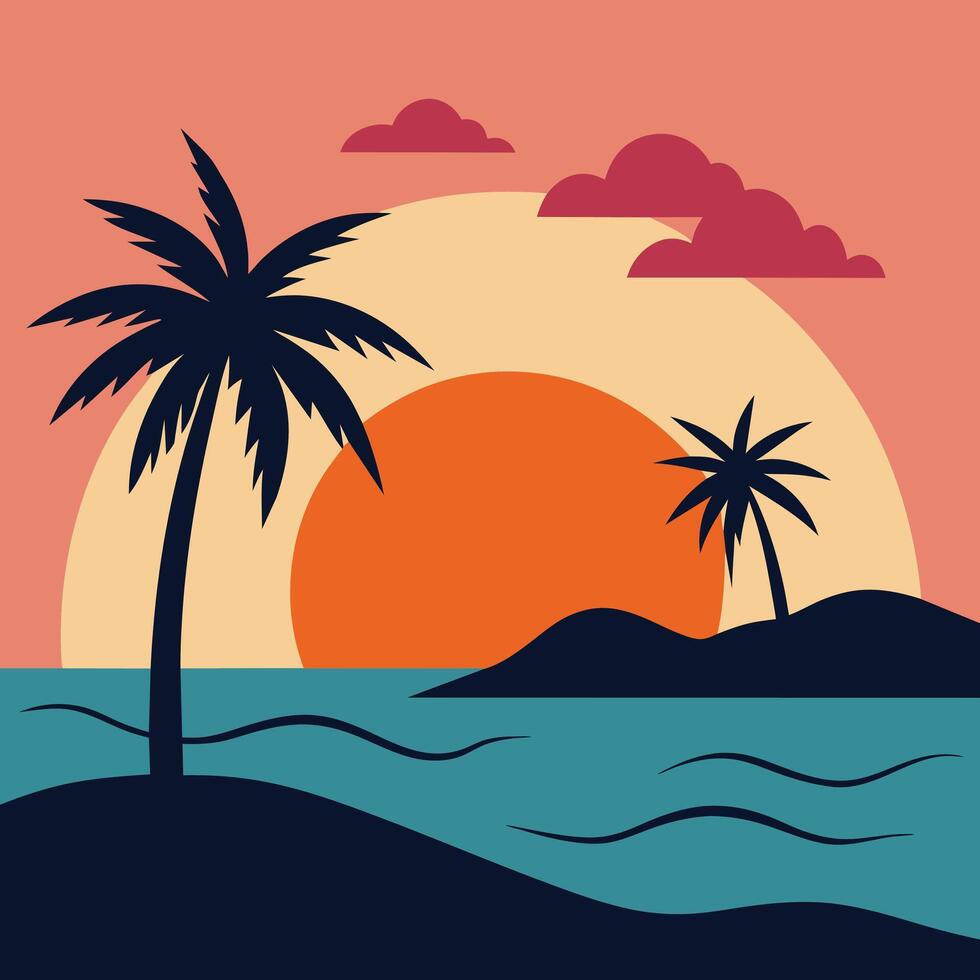 Summer sunset tropical beach line art illustration, hand drawn sunset and sunrise outline landscape tropical beach, palm tree with sunset waves Nature vector