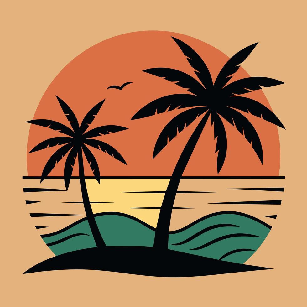 Summer sunset tropical beach line art illustration, hand drawn sunset and sunrise outline landscape tropical beach, palm tree with sunset waves Nature vector