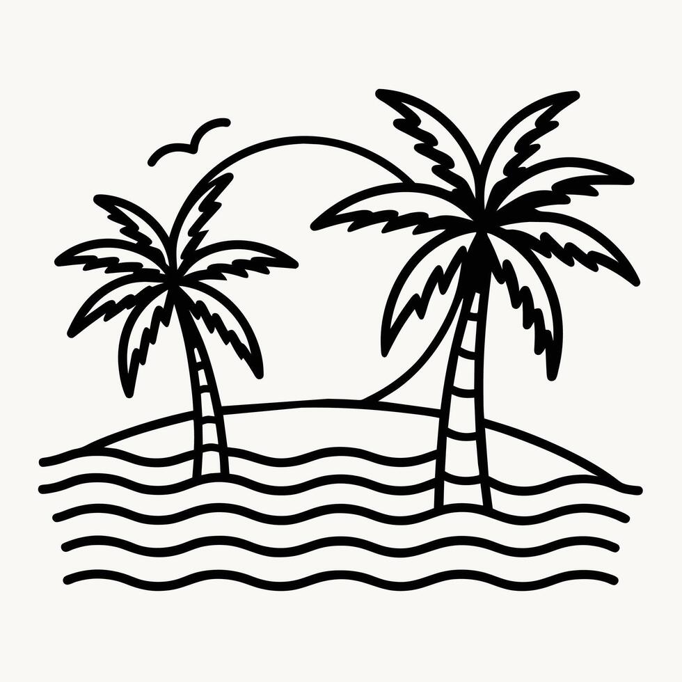 Summer sunset tropical beach line art illustration, hand drawn sunset and sunrise outline landscape tropical beach, palm tree with sunset waves Nature vector