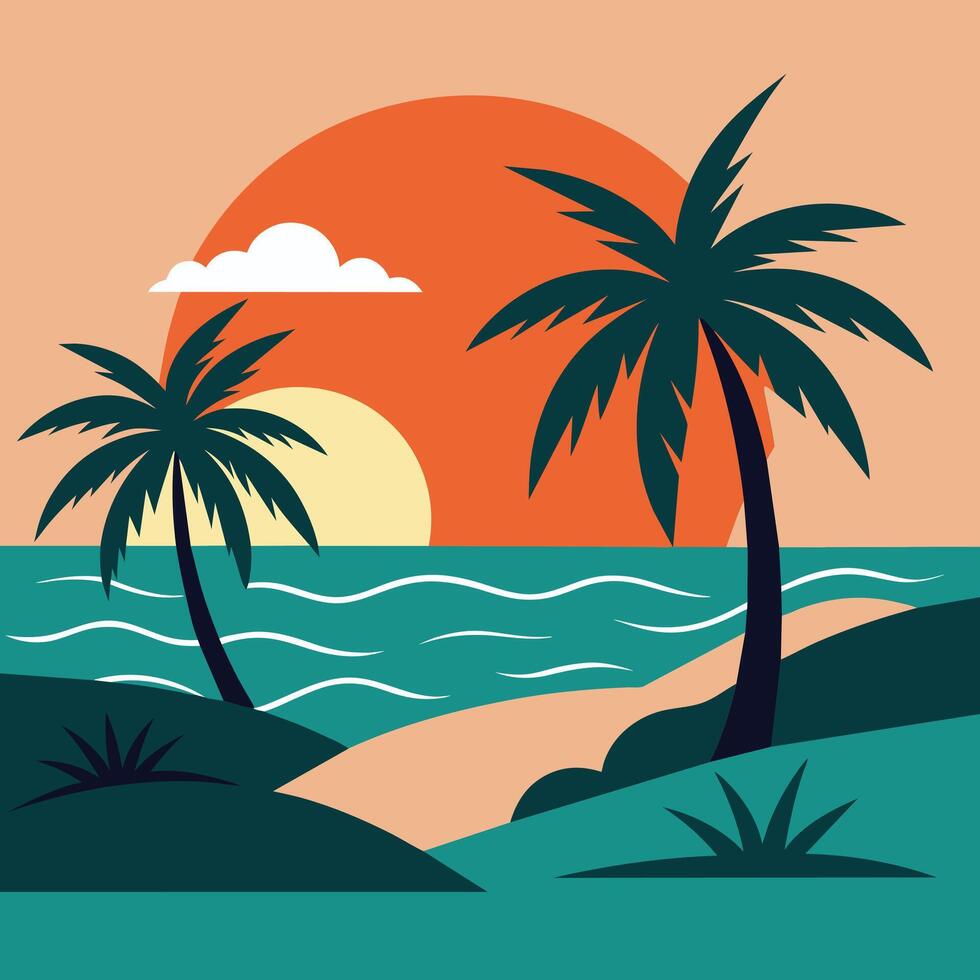 Summer sunset tropical beach line art illustration, hand drawn sunset and sunrise outline landscape tropical beach, palm tree with sunset waves Nature vector