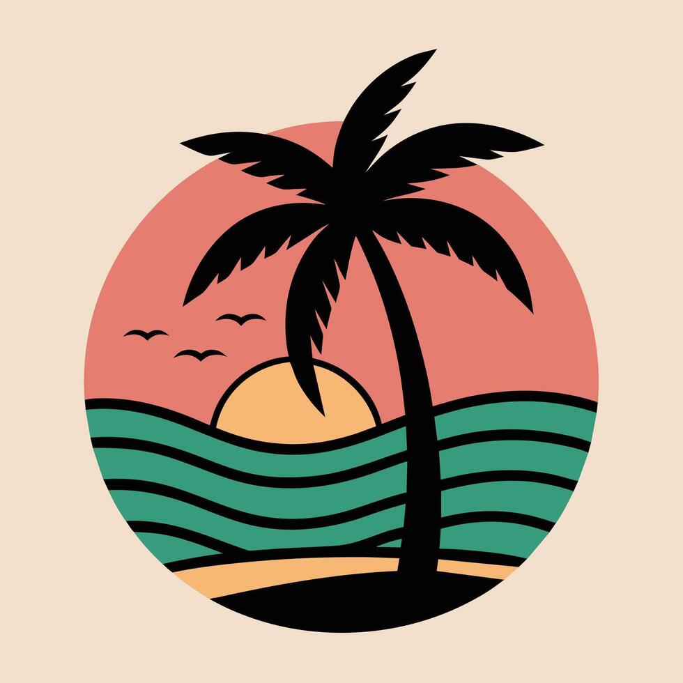 Summer sunset tropical beach line art illustration, hand drawn sunset and sunrise outline landscape tropical beach, palm tree with sunset waves Nature vector