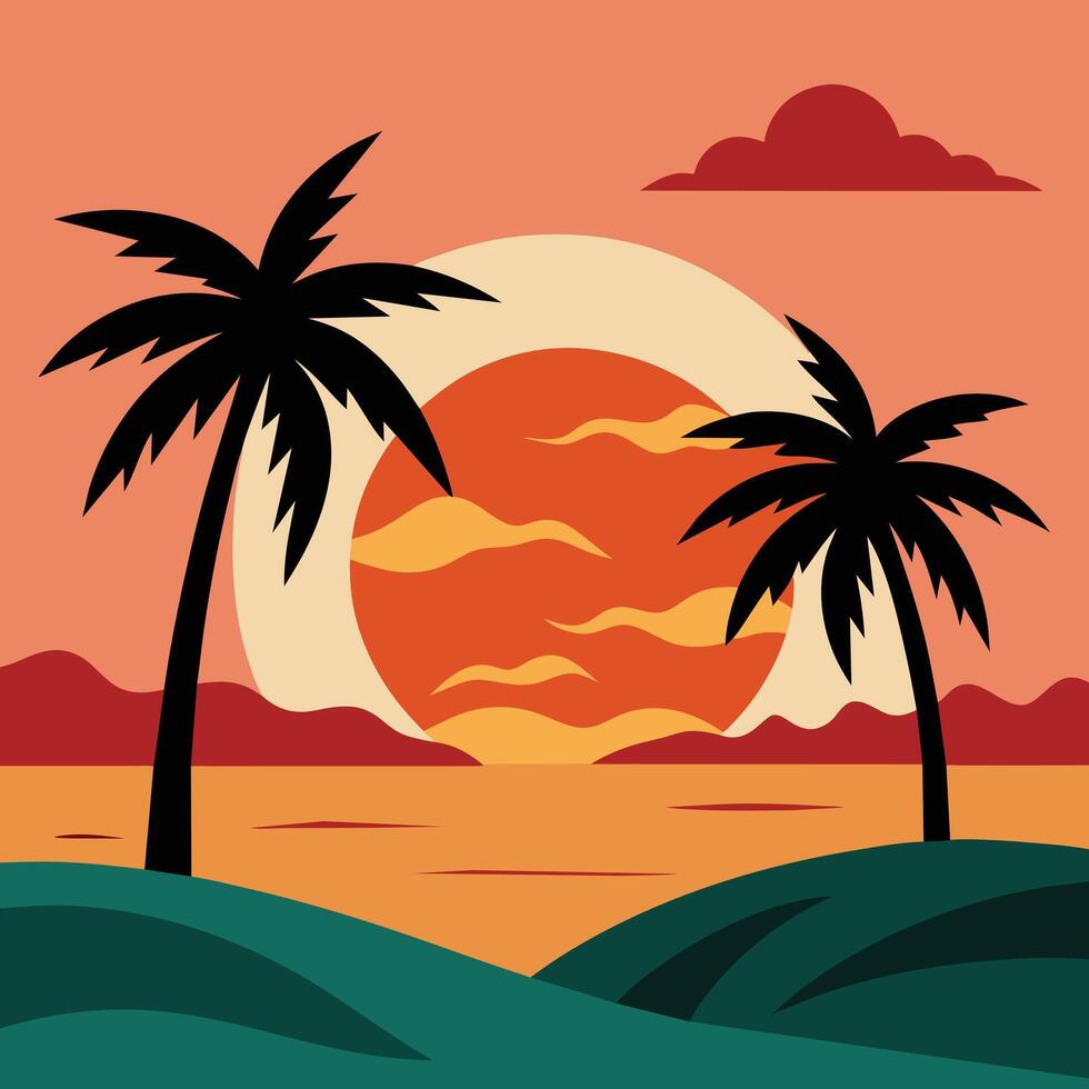 Summer sunset tropical beach line art illustration, hand drawn sunset and sunrise outline landscape tropical beach, palm tree with sunset waves Nature vector